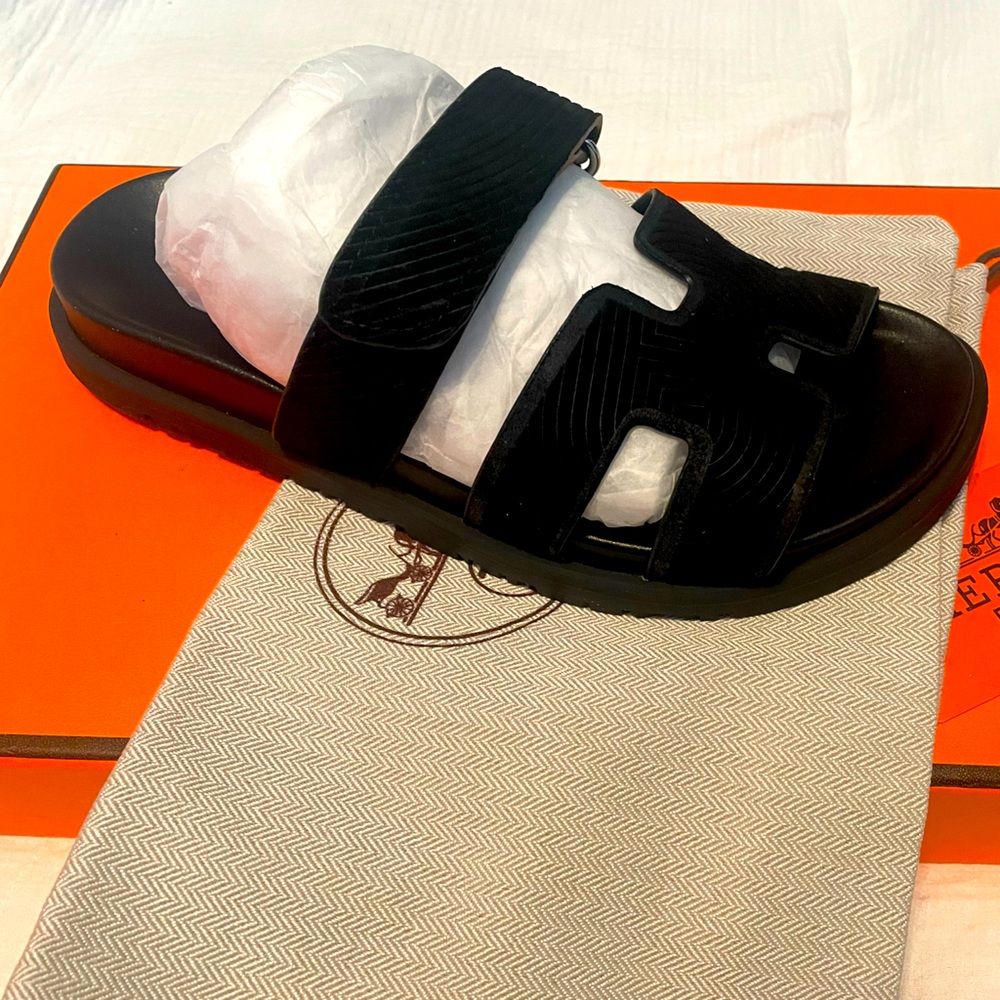 Black Hermès Suede Slides. Size 38/7.5US.